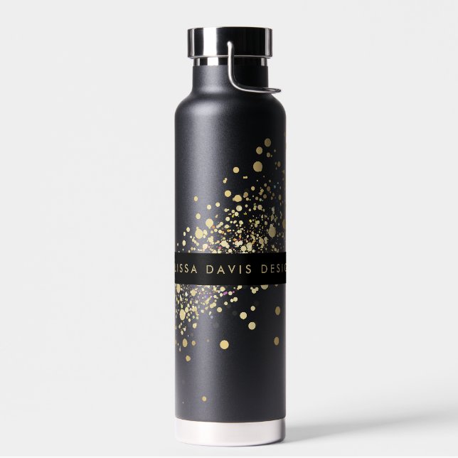 Faux Gold Confetti on Black Personalized Water Bottle (Left)