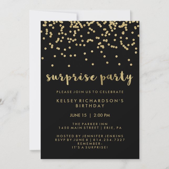 Faux Gold Confetti on Black Surprise Party Invitation (Front)