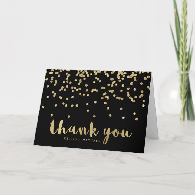 Faux Gold Confetti on Black | Thank You Card (Front)