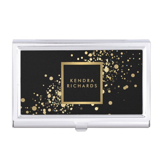 Faux Gold Confetti on Modern Black Card Case For Business Cards (Front)
