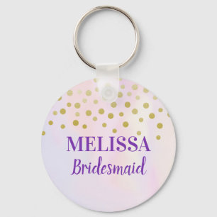 Faux Gold Confetti on Purple Watercolor Bridesmaid Keychain