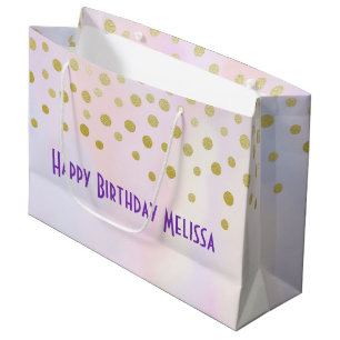 Faux Gold Confetti on Purple Watercolor Large Gift Bag
