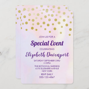 Faux Gold Confetti on Purple Watercolor Party Invitation