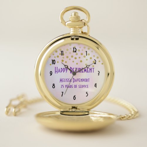 Faux Gold Confetti on Purple Watercolor Retirement Pocket Watch