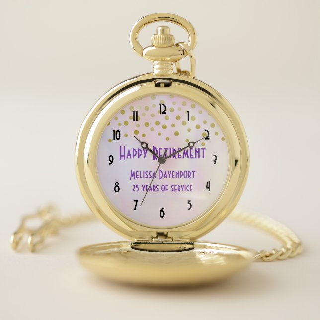 Faux Gold Confetti on Purple Watercolor Retirement Pocket Watch (Inside)