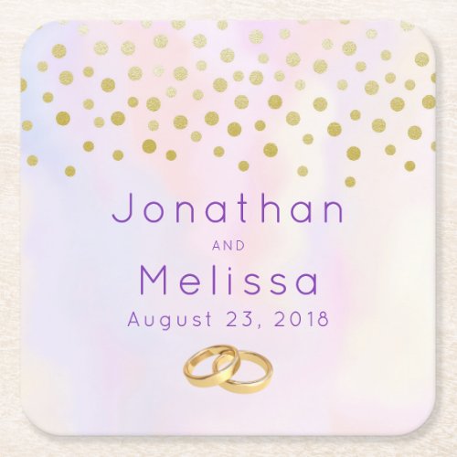 Faux Gold Confetti on Purple Watercolor Square Paper Coaster