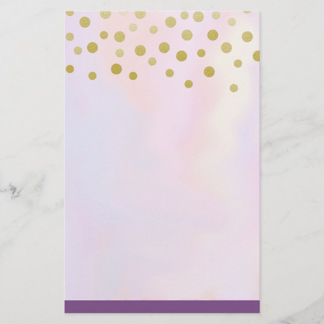 Faux Gold Confetti on Purple Watercolor Stationery (Front)