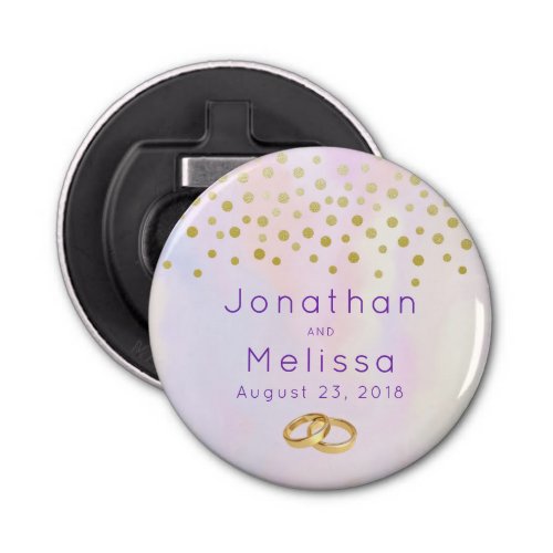 Faux Gold Confetti on Purple Watercolor Wedding Bottle Opener