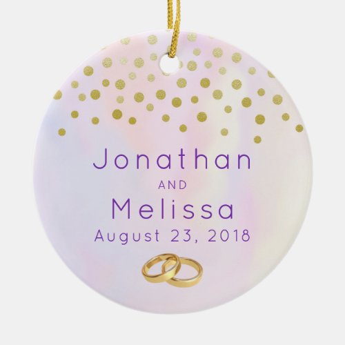 Faux Gold Confetti on Purple Watercolor Wedding Ceramic Ornament