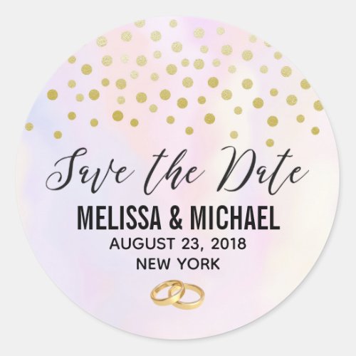 Faux Gold Confetti on Purple Watercolor Wedding Classic Round Sticker