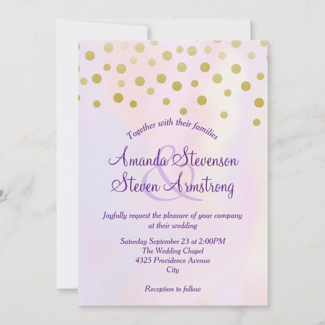 Faux Gold Confetti on Purple Watercolor Wedding Invitation (Front)