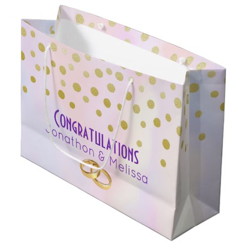 Faux Gold Confetti on Purple Watercolor Wedding Large Gift Bag