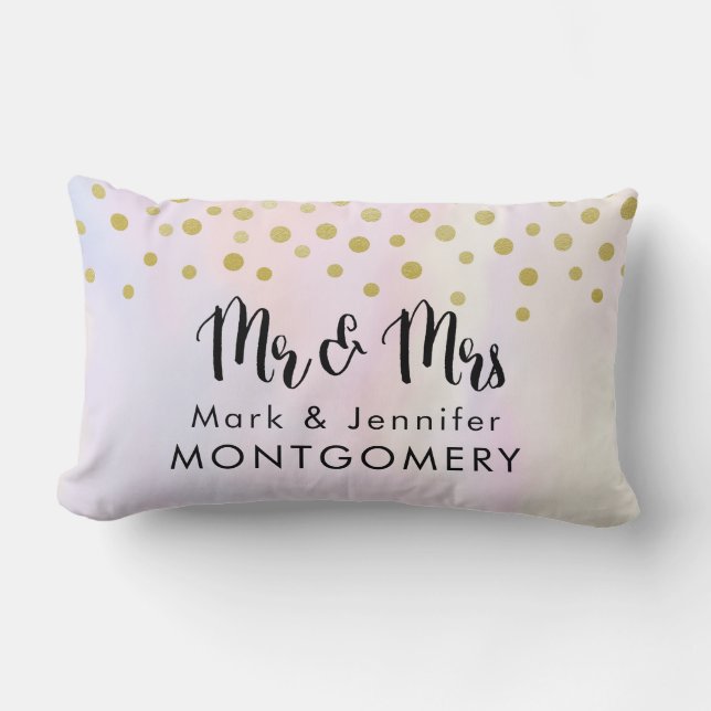 Faux Gold Confetti on Purple Watercolor Wedding Lumbar Pillow (Front)