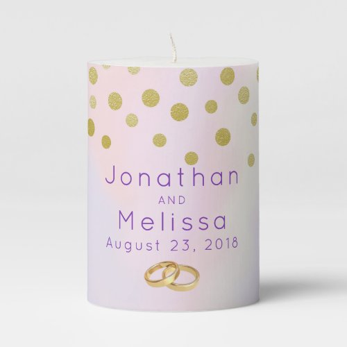 Faux Gold Confetti on Purple Watercolor Wedding Pillar Candle