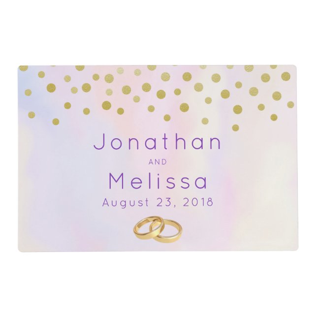 Faux Gold Confetti on Purple Watercolor Wedding Placemat (Front)