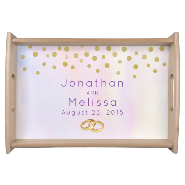 Faux Gold Confetti on Purple Watercolor Wedding Serving Tray (Front)
