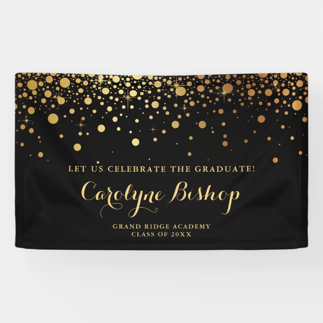 Faux Gold Confetti Personalized Graduation | Black Banner