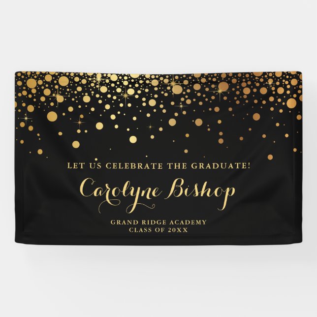 Faux Gold Confetti Personalized Graduation | Black Banner (Horizontal)