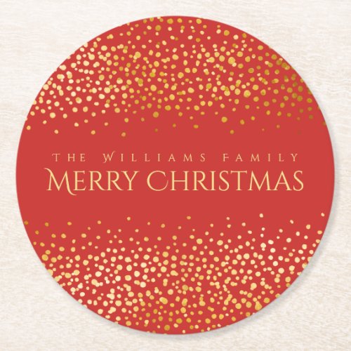 Faux Gold Confetti Red Merry Christmas Monogrammed Round Paper Coaster