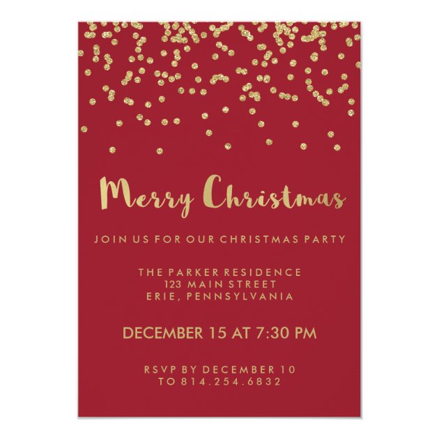 Faux Gold Confetti Red Merry Christmas Party Invitation