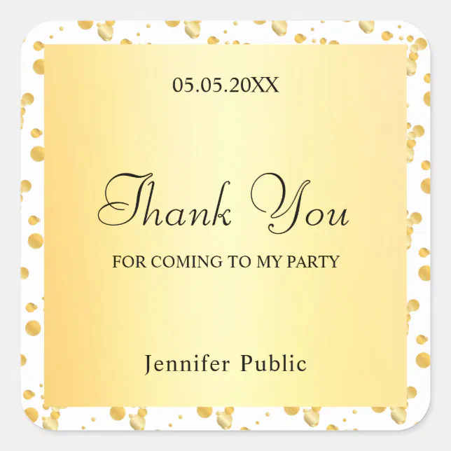 Faux Gold Confetti Thank You Script Template Square Sticker | Zazzle