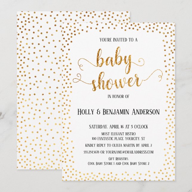Faux Gold Confetti Typography Baby Shower Invitation (Front/Back)