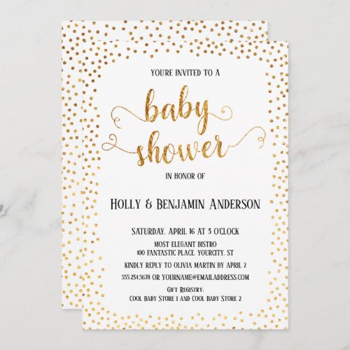 Faux Gold Confetti Typography Baby Shower Invitation