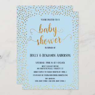 Faux Gold Confetti Typography Blue Baby Shower Invitation