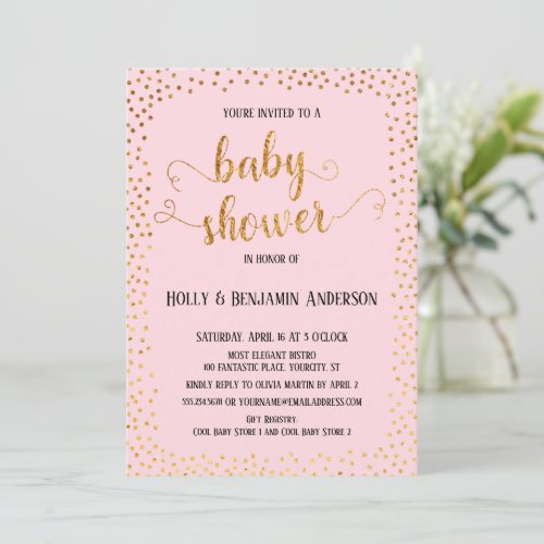 Faux Gold Confetti Typography Pink Baby Shower Invitation