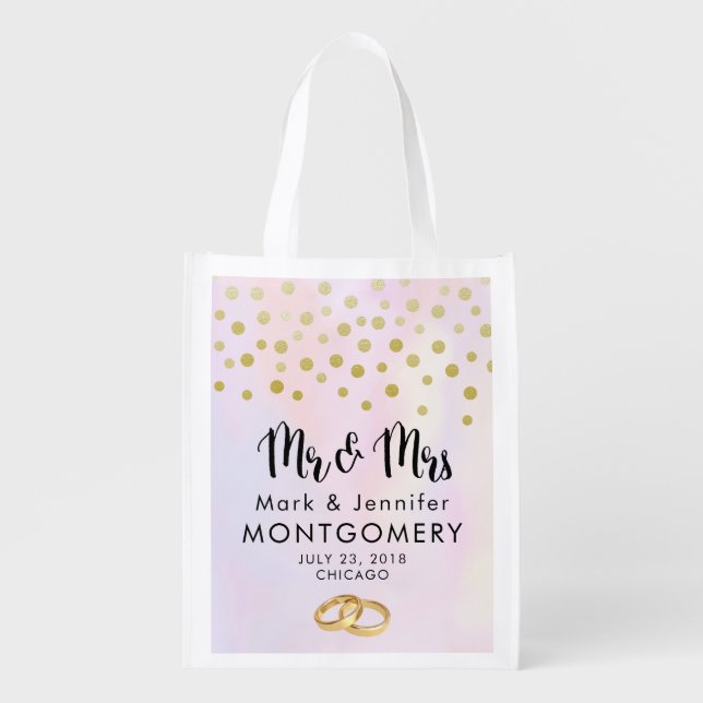 Faux Gold Confetti with Wedding Rings Mr. & Mrs. Grocery Bag (Front)