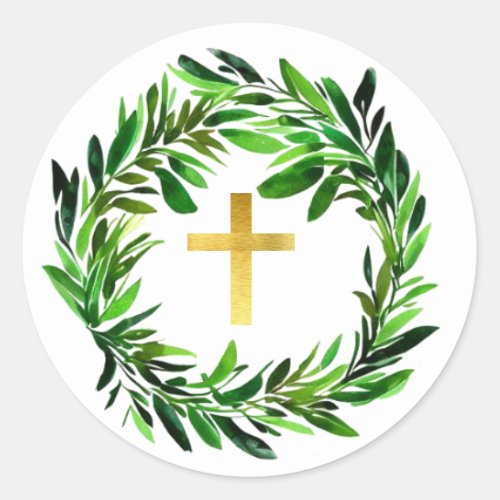 Faux Gold Cross in Greenery Wreath Green Religious Classic Round Sticker