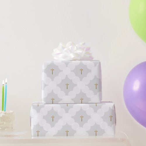 Faux gold cross white circle pattern baptism Grey Wrapping Paper