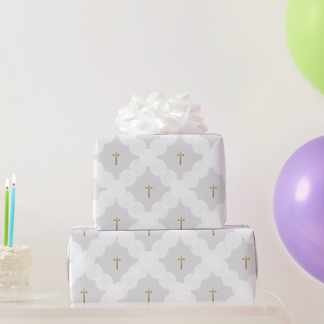 Faux gold cross white circle pattern baptism Grey Wrapping Paper (Party Gifts)