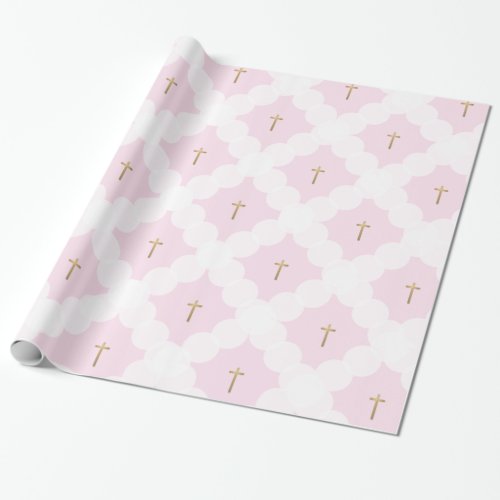 Faux gold cross white circle pattern baptism pink wrapping paper