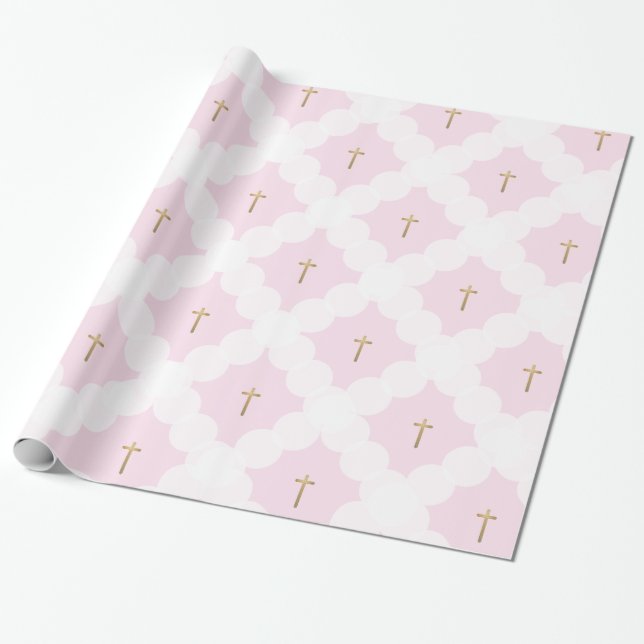 Faux gold cross white circle pattern baptism pink wrapping paper (Unrolled)