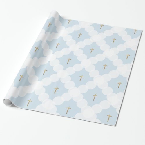 Faux gold cross white circle pattern baptism wrapping paper