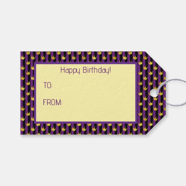 Faux Gold Crowns Purple Black Stripes Mardi Gras Gift Tags (Front (Horizontal))