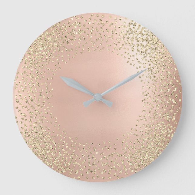 Faux Gold Crystals Confetti Glitter Blush Pink Large Clock (Front)