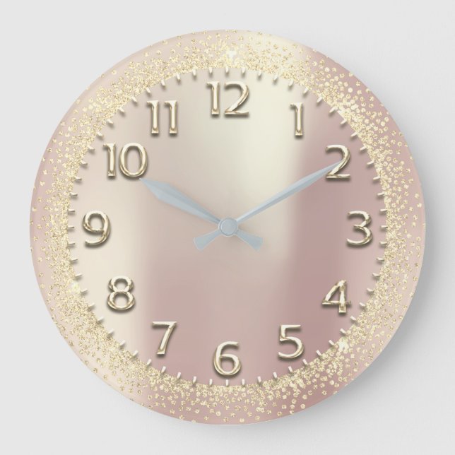 Faux Gold Crystals Glitter Arabic Numbers Rose Large Clock (Front)
