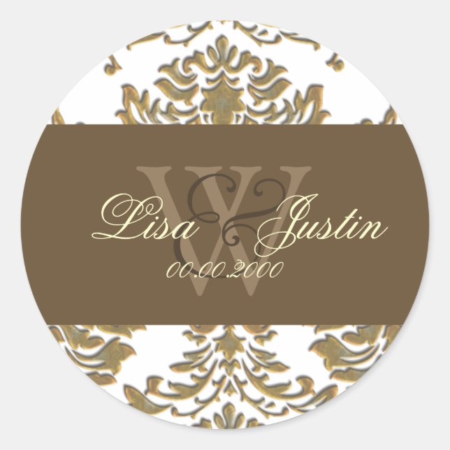 Faux gold Damask monogram wedding stickers (Front)