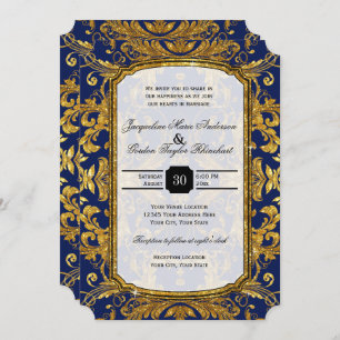 Faux Gold Damask Navy Blue Vintage Baroque Glam Invitation