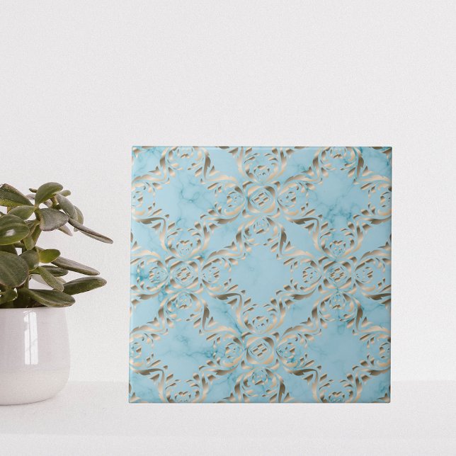 Faux Gold Damask Pattern On A Light Blue Marble Ceramic Tile (Creator Uploaded)