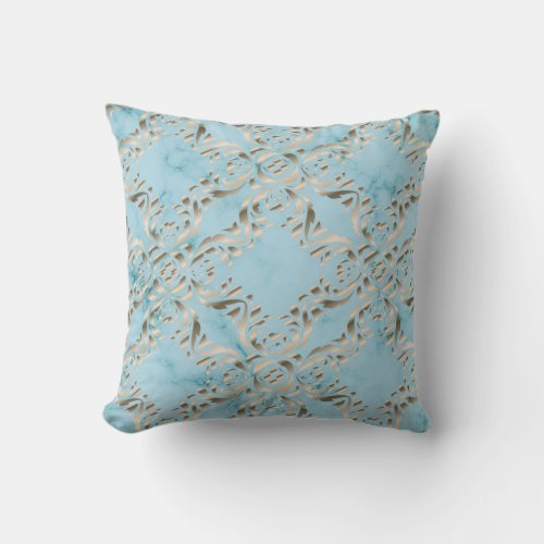 Faux Gold Damask Pattern On A Light Blue Marble Throw Pillow