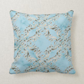 Faux Gold Damask Pattern On A Light Blue Marble Throw Pillow