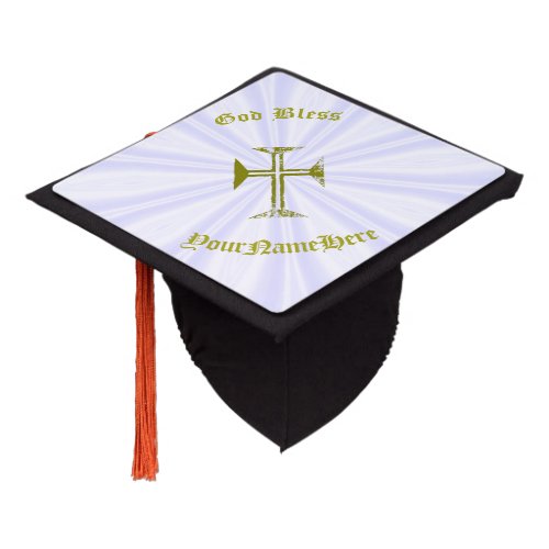 Faux Gold Destroyed Look Cross and Name Graduation Cap Topper