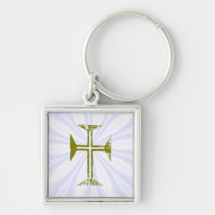 Faux Gold Destroyed Look Cross with White Rays Keychain
