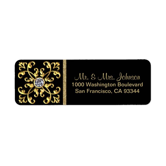 Faux Gold Diamond Black Envelope Return Address Label (Front)