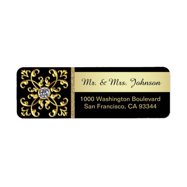 Faux Gold Diamond Black Envelope Return Address Label (Front)