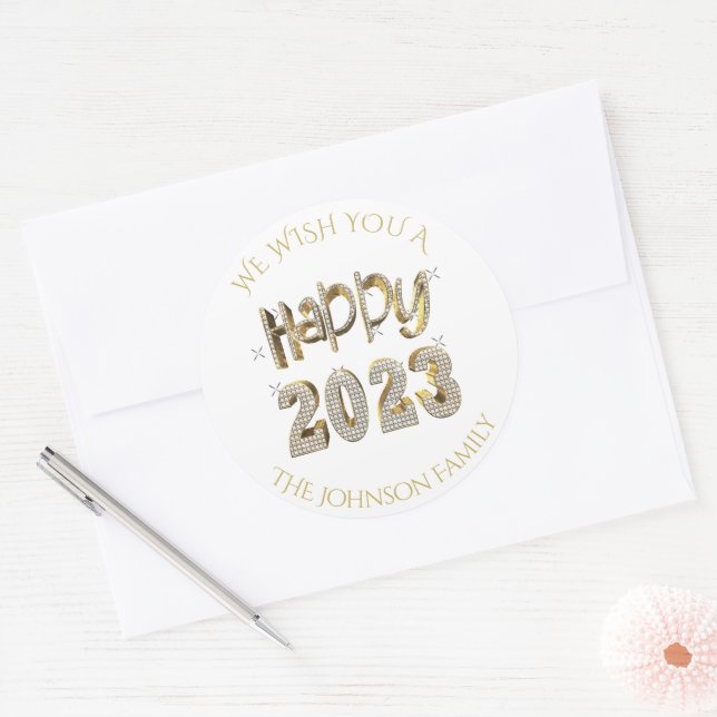 Faux Gold Diamonds Lettering Happy New Year 2023 Classic Round Sticker (Envelope)