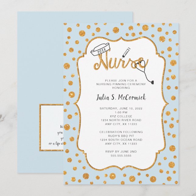 Faux Gold Dot Nurse pinning, changeable color Invitation (Front/Back)